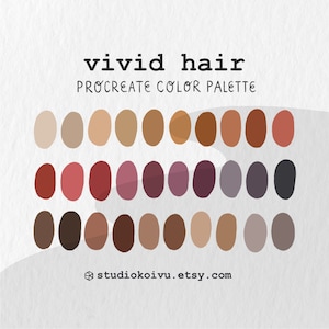 Op de afbeelding: Een digitale kleurenpalet genaamd "vivid hair" voor Procreate, met een verzameling ovaalvormige kleurstalen. Het palet bevat een reeks haarkleuren, van lichtblond tot donkerbruin en zwart, met tinten rood en paars.