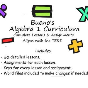 Puede incluir: Un gráfico blanco con símbolos matemáticos coloridos y el texto "Bueno's Algebra 1 Curriculum". La imagen enumera "Complete Lessons & Assignments" e incluye 61 lecciones detalladas, tareas y claves. Se incluyen archivos de Word.