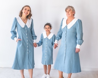 Mommy and me dress, mother daughter dress, denim dress, matching outfit, matching clothes, light blue dress, white collar, pearl buttons