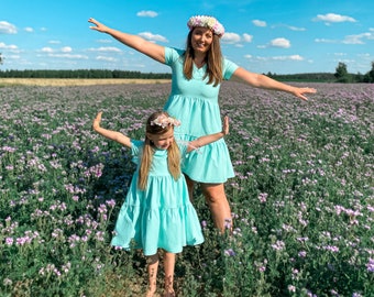 Mommy and me dress, Matching dress, Mother daughter matching outfit, Autumn dress, Turquoise dress, Oversize dress, Easy fit, Mom and Baby