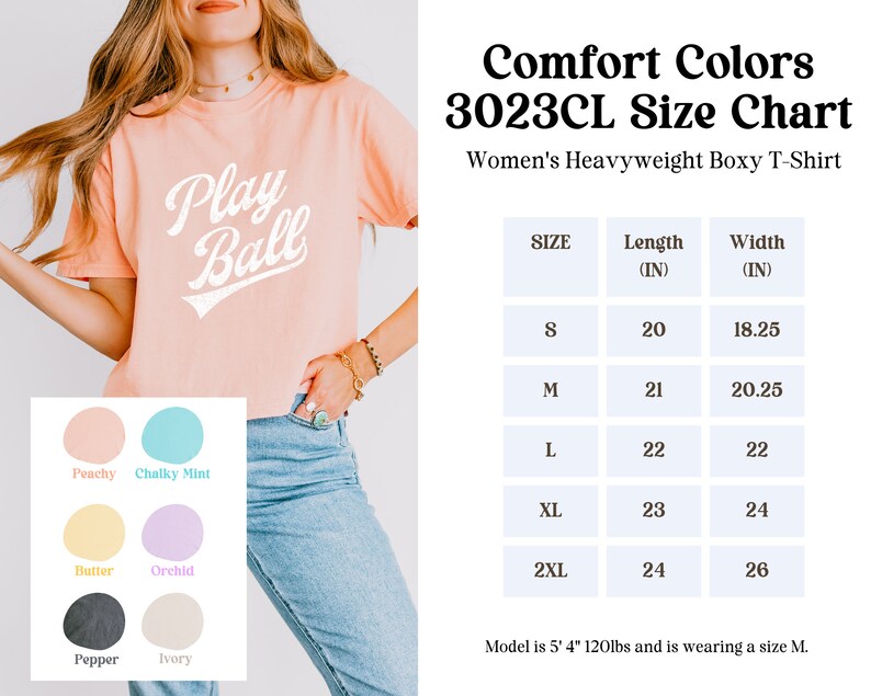 K&ouml;nnte beinhalten: Gr&ouml;&szlig;entabelle f&uuml;r ein Damen-Boxy-T-Shirt aus schwerem Baumwollstoff in den Gr&ouml;&szlig;en S bis 2XL. Die Tabelle zeigt die L&auml;nge und Breite des Shirts in Zoll. Das Shirt ist in verschiedenen Farben erh&auml;ltlich, darunter Pfirsich, Kreideminze, Butter, Orchidee, Pfeffer und Elfenbein.