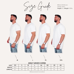 Peut inclure: Un guide des tailles pour les t-shirts unisexes adultes Bella Canvas 3001. Le guide comprend un tableau avec des mesures en pouces pour les tailles XS &agrave; 4X. L'image montre quatre mod&egrave;les portant des t-shirts blancs, avec le texte "Size Guide" en haut.