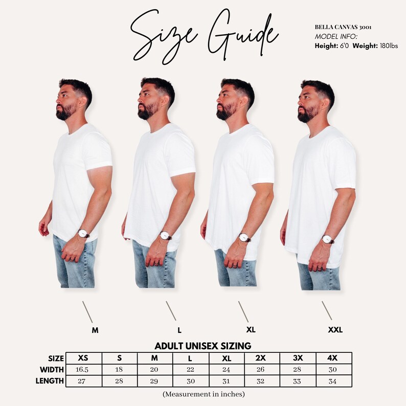 Peut inclure: Un guide des tailles pour les t-shirts unisexes adultes Bella Canvas 3001. Le guide comprend un tableau avec des mesures en pouces pour les tailles XS &agrave; 4X. L'image montre quatre mod&egrave;les portant des t-shirts blancs, avec le texte "Size Guide" en haut.