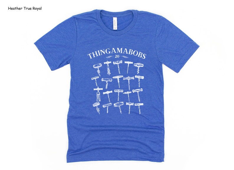 May include: A royal blue t-shirt with a white graphic of the text "Thingamabobs 20" and an assortment of 20 different corkscrews.
