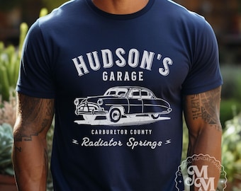 Hudson's Garage Shirt Men's Cars Shirt White Print Disney Dad Shirt Hudson Hornet Shirt Doc Hudson Vintage Car Shirt Radiator Springs
