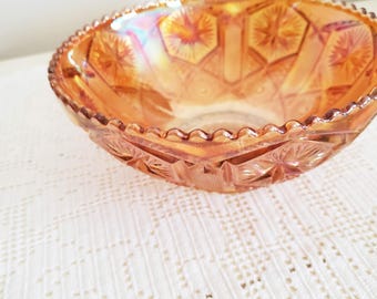 Imperial Glass Marigold Carnival Glass Bowl, Star and File pattern, orange iridescent color