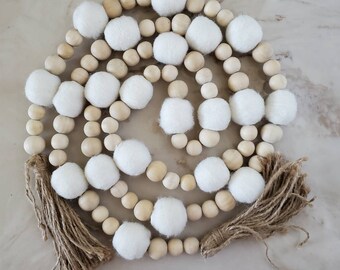 Off-White Felt Ball and Wood Bead Garland. 6 feet. Farmhouse Natural Garland. Ships Quickly