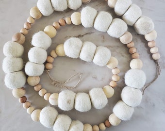 Cream Felt Ball and Wood Bead Garland. Farmhouse Natural Pom Pom Garland, neutral home decor, beige garland for decorating