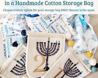 Hanukkah Felt Pocket Banner in handmade cotton gift bag. Embroidered felt pockets with yellow and blue poms, gold & cream twine.