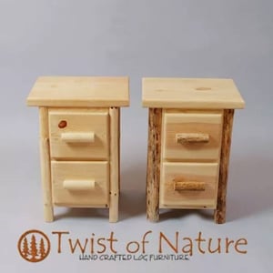 May include: Two wooden nightstands with two drawers each. The nightstands are made of natural wood with a rustic finish. The drawers have simple wooden knobs. The nightstands are labeled "Twist of Nature Hand Crafted Log Furniture".