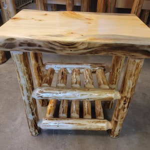 Custom log Slab entry/display table. Features 2 log shelves.  Farmhouse,log cabin rustic decor. Choose between 24 or 27&quot; high. Top is 14x22&quot;