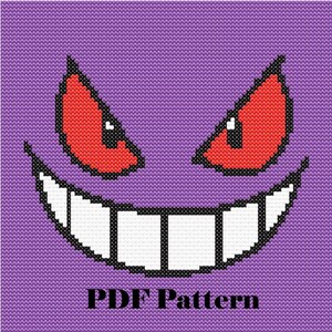 Puede incluir: Un patrón de punto de cruz con fondo morado que muestra una sonrisa amplia de dientes blancos con contorno negro y dos ojos rojos afilados en forma de almendra con bordes negros. El texto "PDF Pattern" aparece en negro abajo.