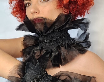 Unique victorian cuffs,  upcycled fashion, wedding organza cuffs, wearableart, ruffled cuffs,bridal necklace, gothic, venetian, steampunk