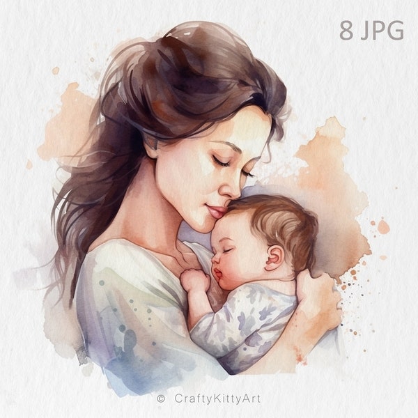 Mother and Child clipart. Watercolor clip art bundle. Moms 8 JPG files. Digital JPG illustrations. Mother's Day / Family / Love / Motherhood