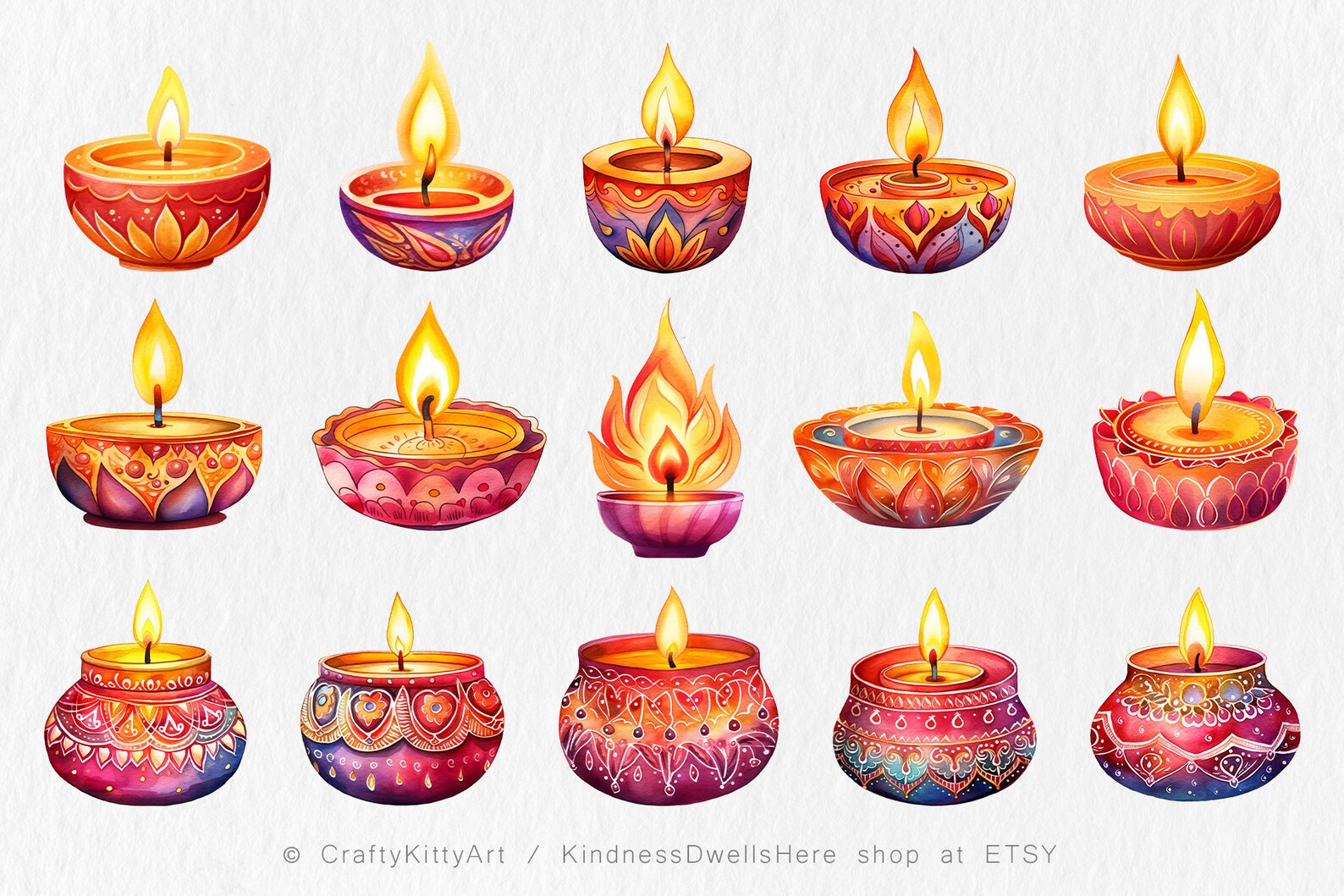 Diwali Clipart. Diwali Candle Png. Watercolor PNG Bundle. Watercolor