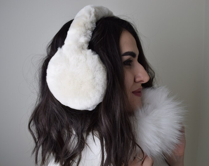 Natural Real Merino Wool/mouton Fur White Women Earmuffs, Adjustable