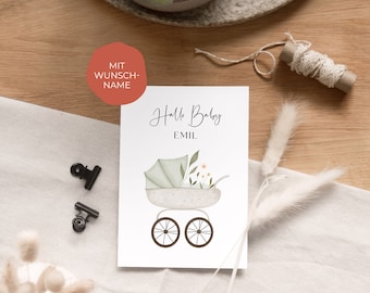 Gepersonaliseerde geboortekaart/kaart A6 "Hello Baby" | neutrale verjaardagswenskaart voor meisjes en jongens | aanpasbaar