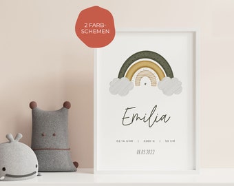 personalisiertes DIN A4 Kinderposter fürs Kinderzimmer/neutrales Poster mit Regenbogen | Geschenk Geburt | Mädchen, Junge | personalisierbar