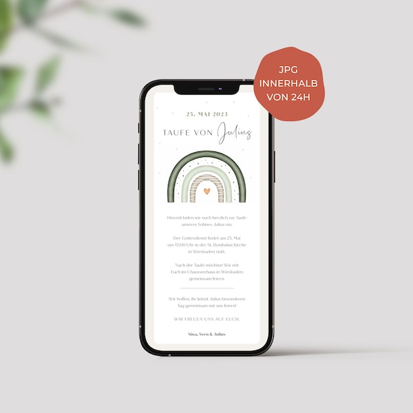 personalisierte Taufeinladung digital | digitale Taufeinladung, Regenbogen | digitale Einladung zur Taufe | Regenbogen | Handy