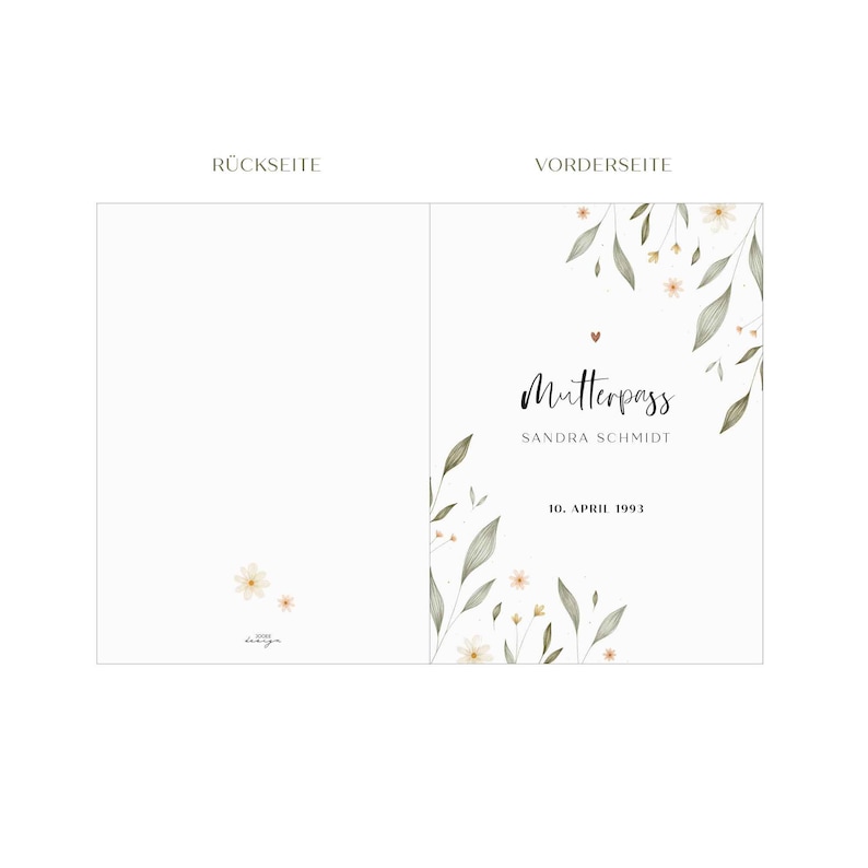 May include: A white card with a floral design and the text "Mutterpass" in black script. The card also includes the text "Sandra Schmidt" and "10. April 1993" in black.