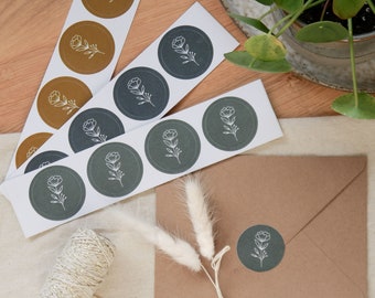 Round stickers made of recycled paper in three colors | for Gifts, Letters, Small Business Owner | Flowers Illustration | green, blue, mustard yellow