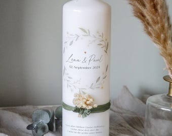 Personalized wedding candle with baby's breath | church wedding | wedding candle with flowers | wedding candle with dried flowers | chiffon ribbon