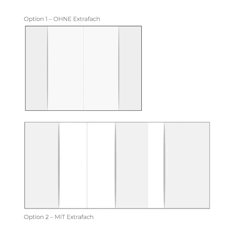 May include: Diagram showing two options for a cabinet with different numbers of shelves. Option 1 - OHNE Extrafach shows a cabinet with three shelves. Option 2 - MIT Extrafach shows a cabinet with five shelves.