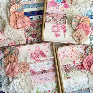 Vintage French Slow Stitch Kit, Floral Fabric Bundle, Snippets Box with Antique Lace and Yo Yos