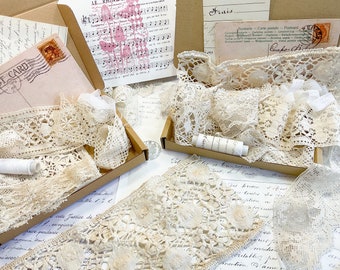 Antique Lace Box, Vintage lace Snippets in a Decorative Box  With Post Card.