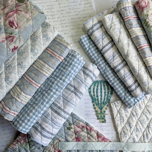 Vintage Quilt Pieces in Shades of Soft Blue, Fabric Remnants Bundle for Slow Stitching and Journaling