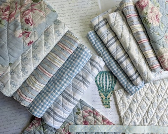 Vintage Soft Blue Quilt Pieces: Fabric Remnants for Slow Stitching