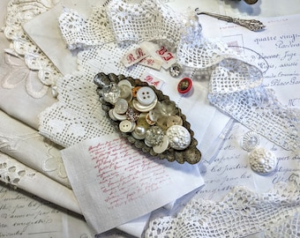 Vintage French Linens Fabric Bundle, White Linens , Buttons and Lace for Slow Stitching and Journaling