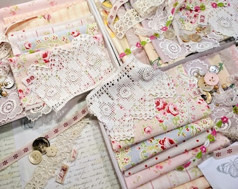 Vintage Slow Stitch Kit: Blush Pink Floral Cotton Old Fabric Scraps
