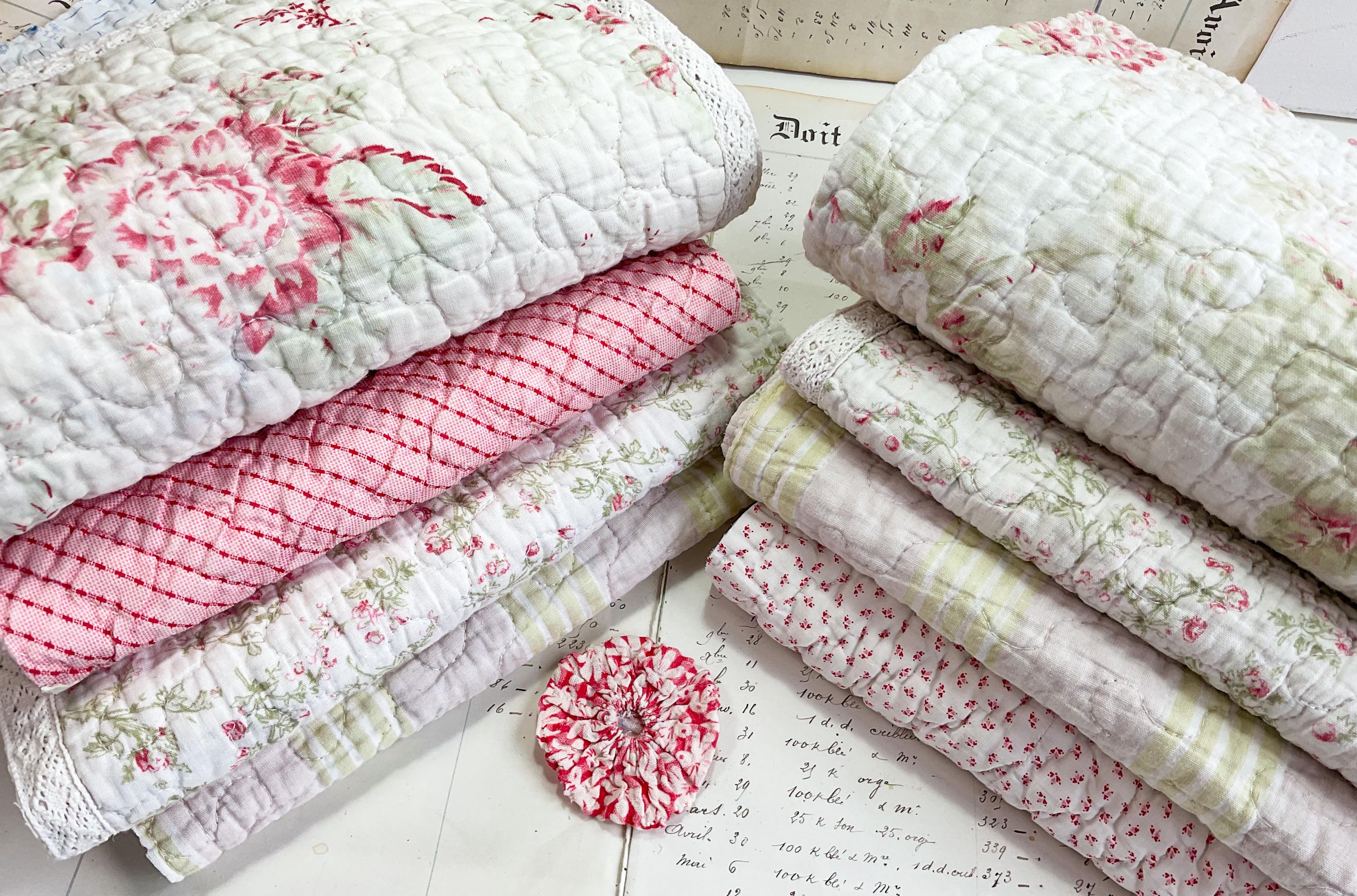 ヴィンテージキルトピース：ピンクとグリーンの布の残り3枚 - Etsy 日本