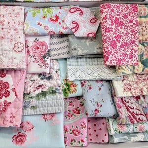 Big Bundle of Vintage Fabrics and Quilt Pieces,26 pieces of Robins Egg & Pink Bundle For Slow Stitching and Journaling, Large Bundle.