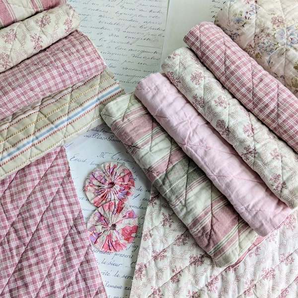 Vintage Quilt Pieces in Shades of Dusky Pink, Fabric Remnants Bundle for Slow Stitching and Journaling