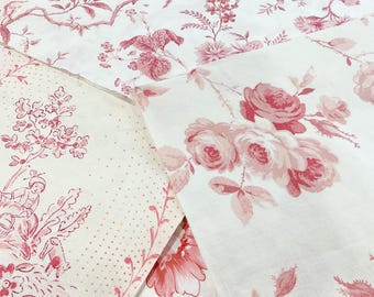 Vintage Floral Fabric Bundle in Pink and Raspberry 4 Pieces for Slow Stitching.