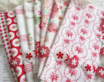 Vintage Fabric Bundle , Raspberry Red Roses Cottons for Slow Stitching, Quilting and creative Sewing Projects