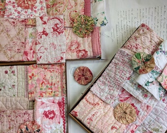 Antique Quilt Pieces, Pink and Green Vintage Quilt Squares, Scraps Box,  Fabric Bundle for Slow Stitching and Journaling
