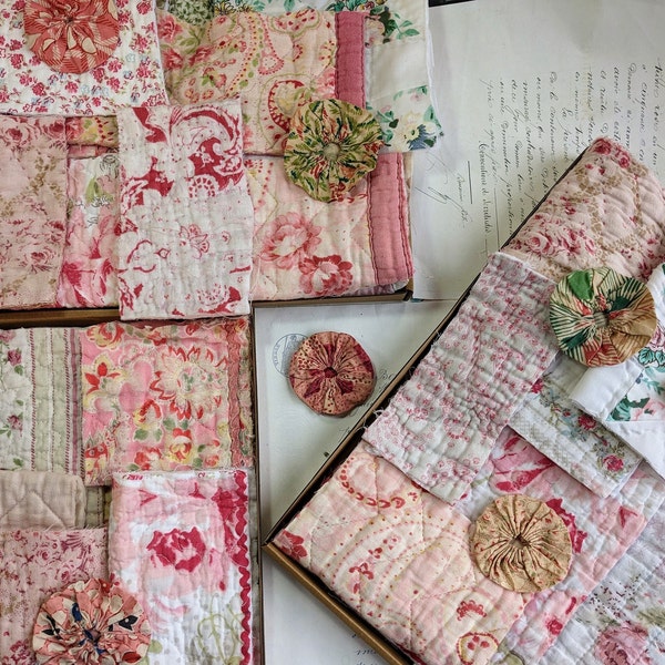 Antique Quilt Pieces, Pink and Green Vintage Quilt Squares, Scraps Box,  Fabric Bundle for Slow Stitching and Journaling