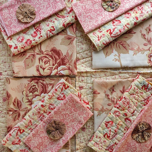 Antique Quilt and Vintage Fabric Bundle, Vintage Quilt ,and Fabric Remnants for Slow Stitching