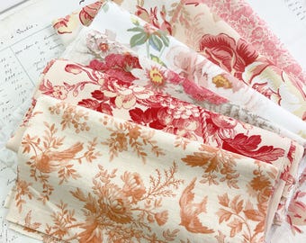 Vintage Floral Cotton Fabric Bundle, Coral  & Peach Old Fabric Scraps