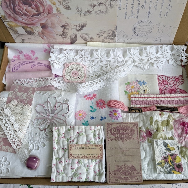 Vintage Slow Stitch Kit Box of Vintage Fabrics Embroidery Quilt pieces and Old Lace for Junk Journaling and Slow Stitching