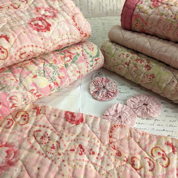 Vintage Quilt pieces Antique Quilt Scraps Candy Pink Vintage Quilted Fabric Blocks for Slow Stitching and Journaling