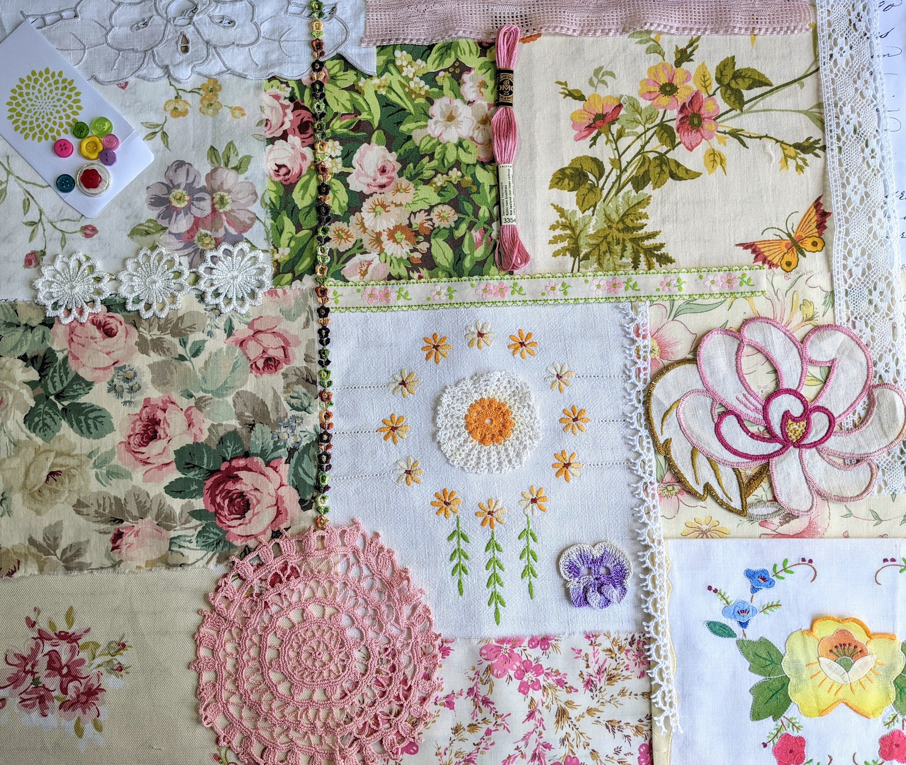 Slow Stitch Kit, Country Garden Vintage Fabric Bundle, for Slow