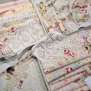 Vintage Slow Stitch Kit packed full of Vintage Fabrics in Blush / Candy Pink Floral Antique Lace Trims and Buttons for Junk Journaling.