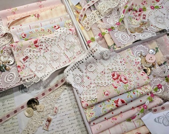 Vintage Slow Stitch Kit packed full of Vintage Fabrics in Blush / Candy Pink Floral Antique Lace Trims and Buttons for Junk Journaling.