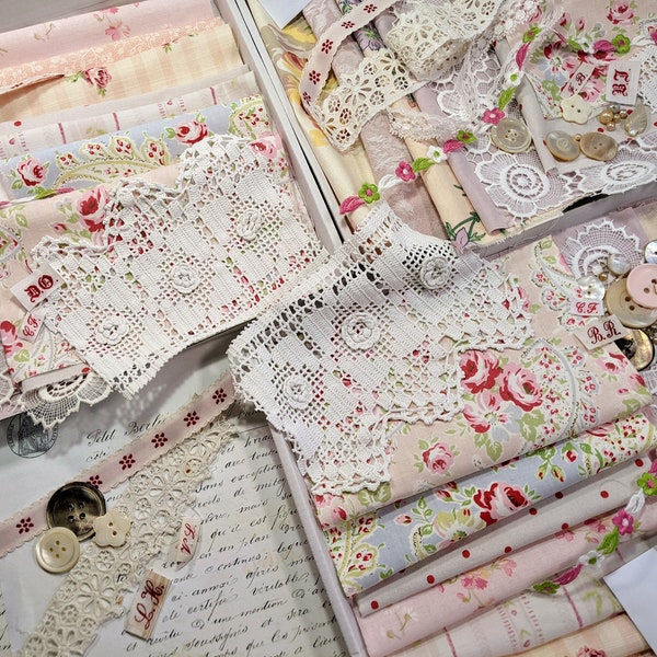 Vintage Slow Stitch Kit packed full of Vintage Fabrics in Blush / Candy Pink Floral Antique Lace Trims and Buttons for Junk Journaling.