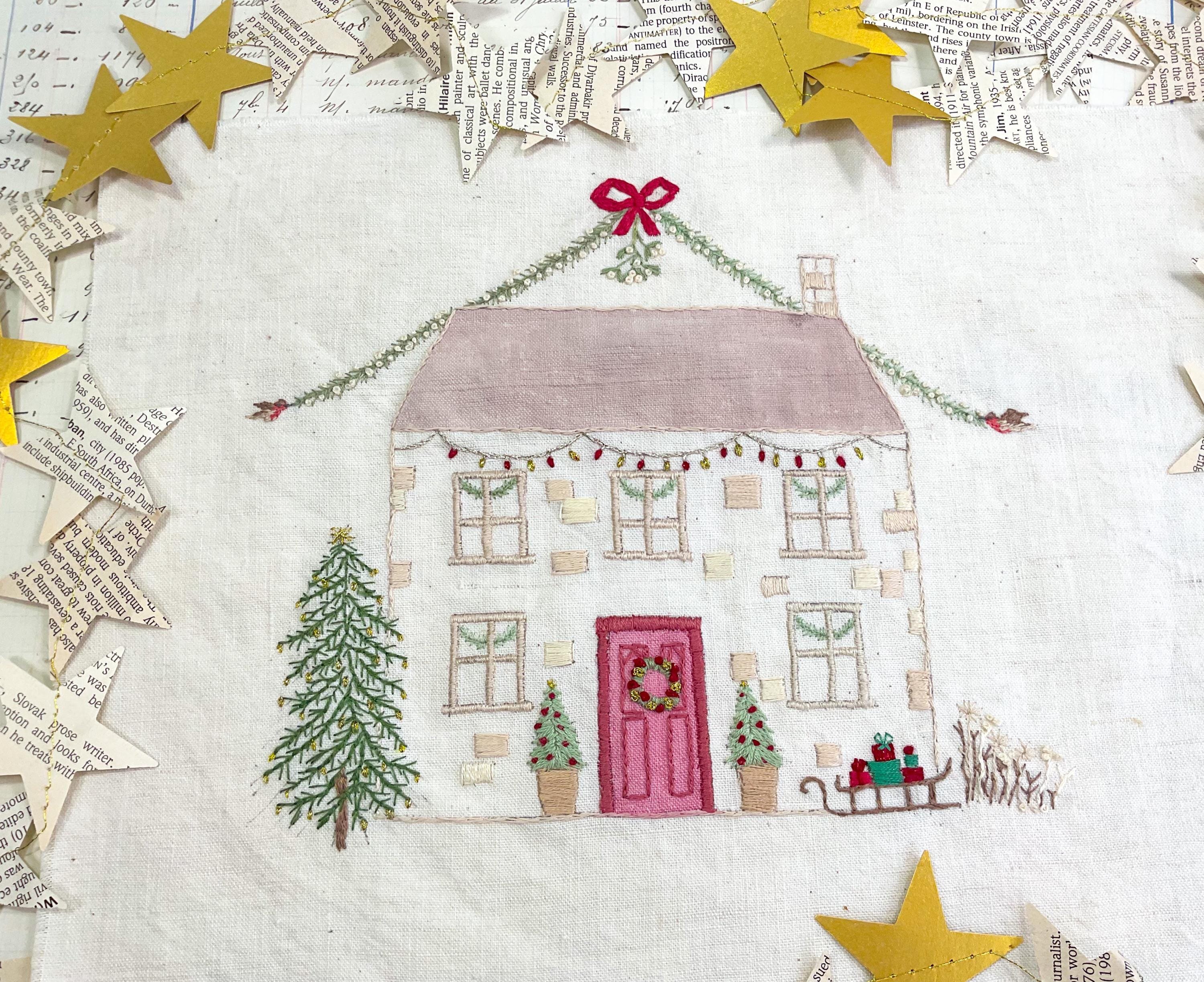 Embroidery Advent Calendar Full Kit, Christmas Cottage Pre Printed on Antique French Linen,Treads and Instructions, 24 Elements to Stitch.
