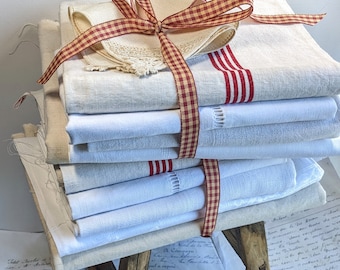 Antique French Linens Fabric Bundle, Cotton and Linens for Slow Stitching, Embroidery and Dying
